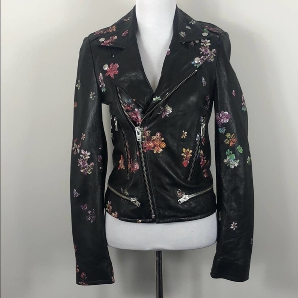 IRO Phaedra’s black floral leather moto jacket